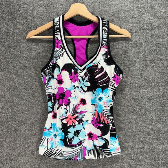 ZeroXposur Tankini Top Women S Small White Floral V-Neck Sleeveless Racerback - Picture 1 of 8
